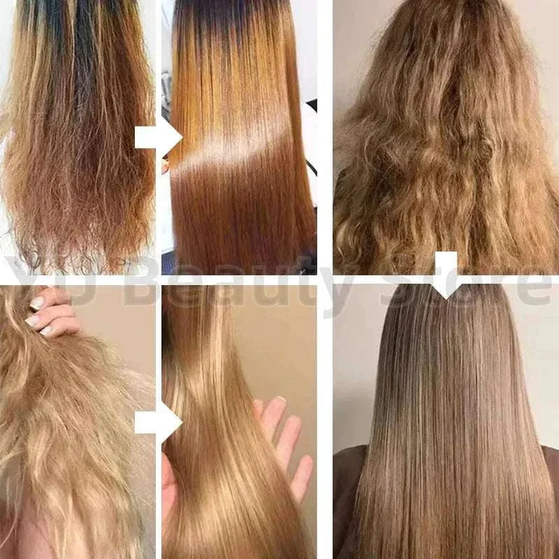 Before and after results of Purple Repair Hair Mask showing transformation of dry, frizzy, and damaged hair to smooth, shiny, and healthy locks