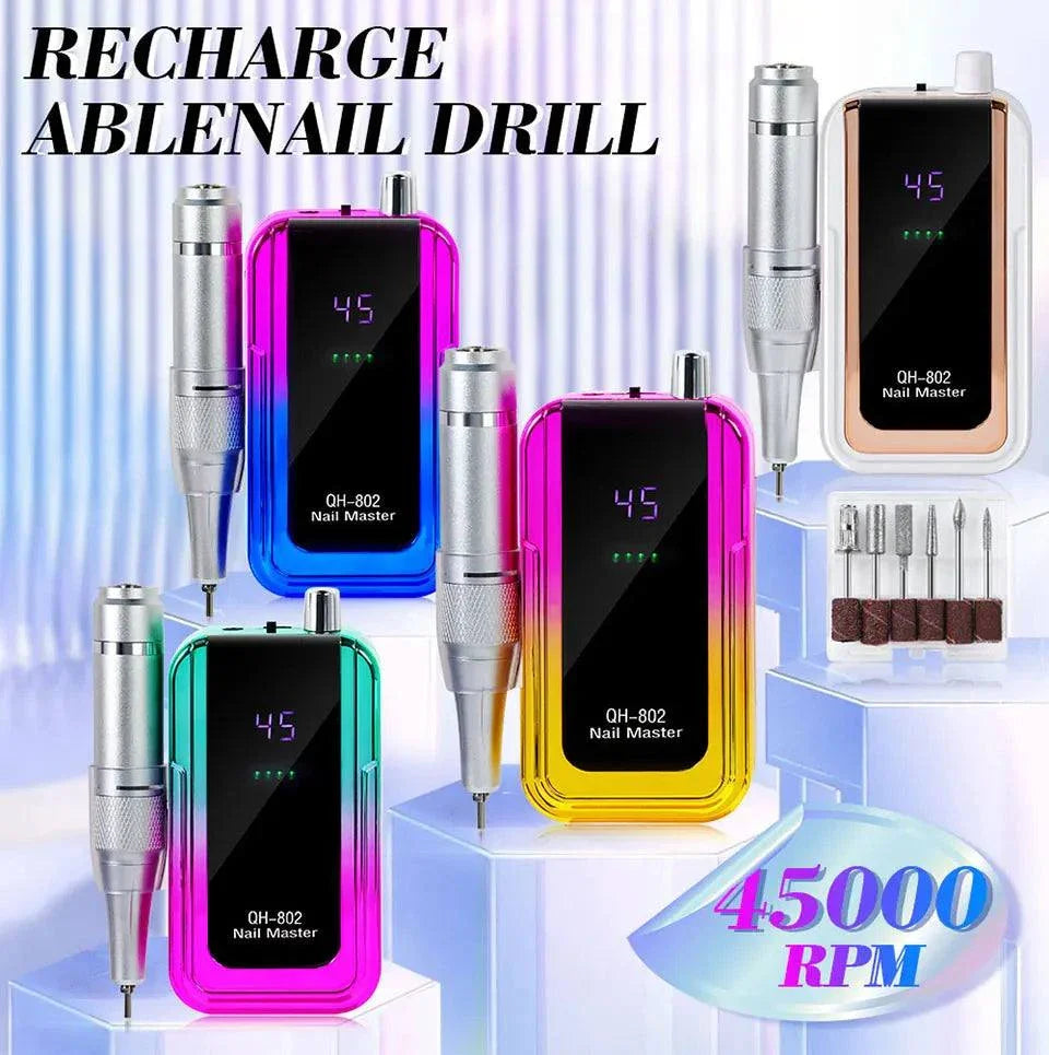 Rechargeable nail drill machine with 45,000 RPM, laser gradient design, cordless, USB charging, and included drill bits and sanding bands.