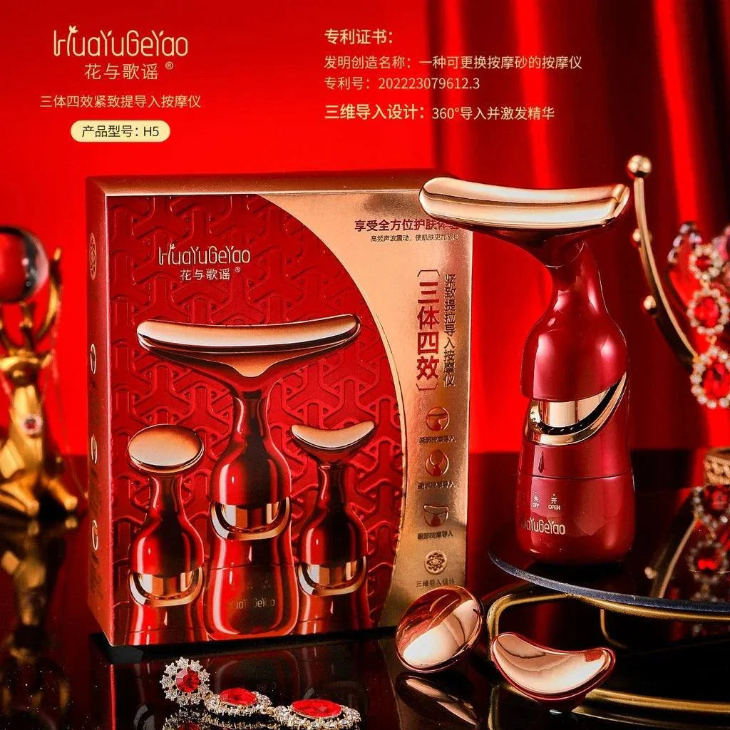 3-in-1 red and gold face massager device with microcurrent technology alongside matching accessories and packaging box on a reflective surface