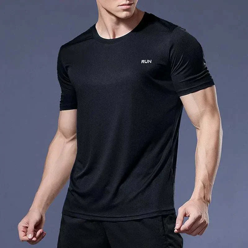 Men’s black quick-dry compression sport t-shirt with breathable fabric and snug fit for running and workouts