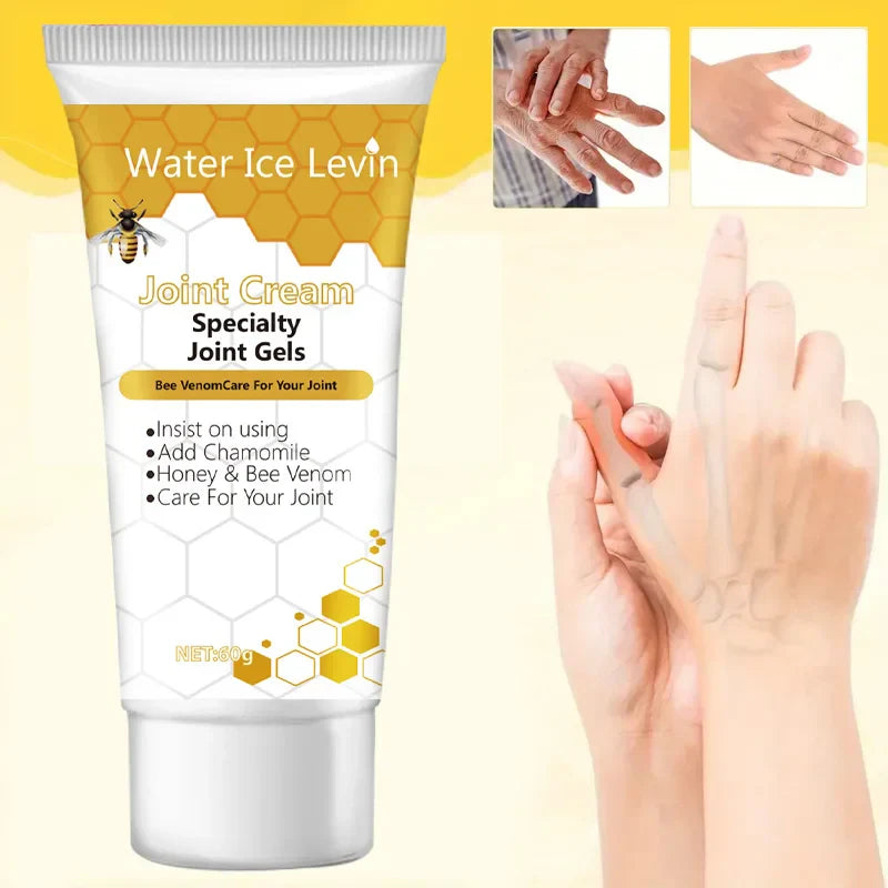 Tube of Bee Venom Joint Cream with honeycomb design and hands applying cream for joint relief