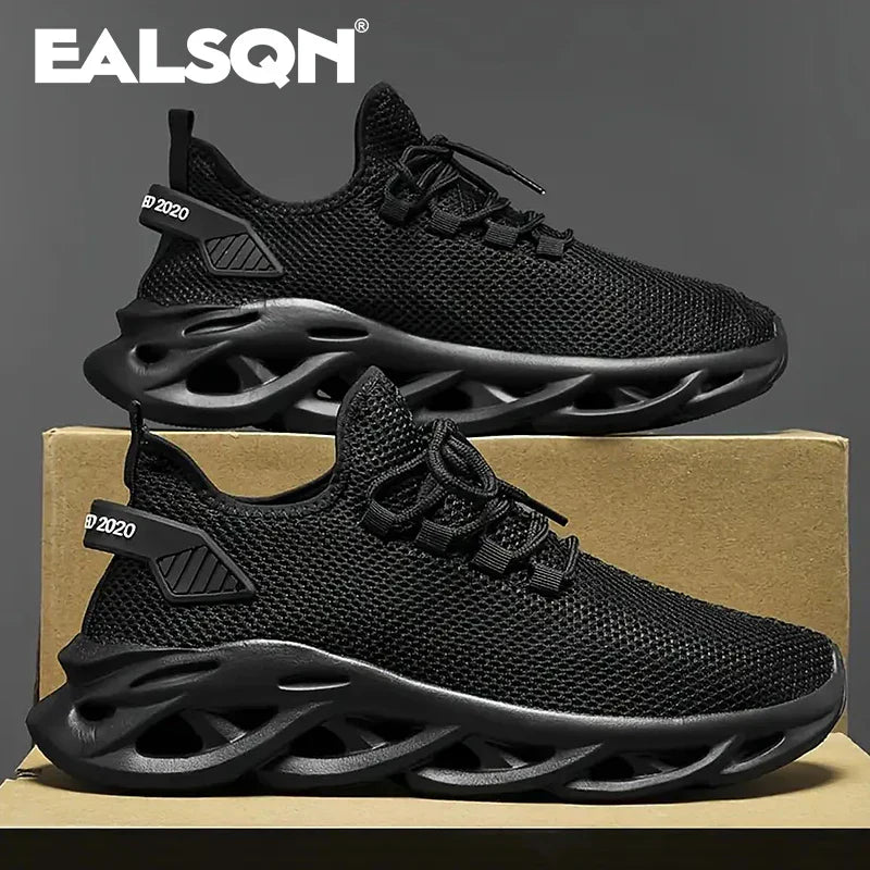 Black lightweight breathable running sneakers with mesh upper and shock-absorbing sole for men and women
