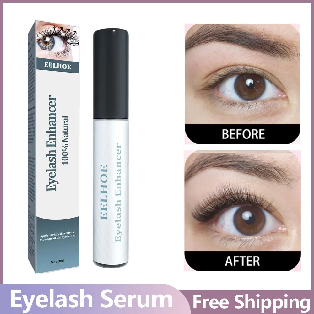 EELHOE Eyelash Enhancer Serum with before and after lashes showing longer, thicker, and lifted natural lashes.