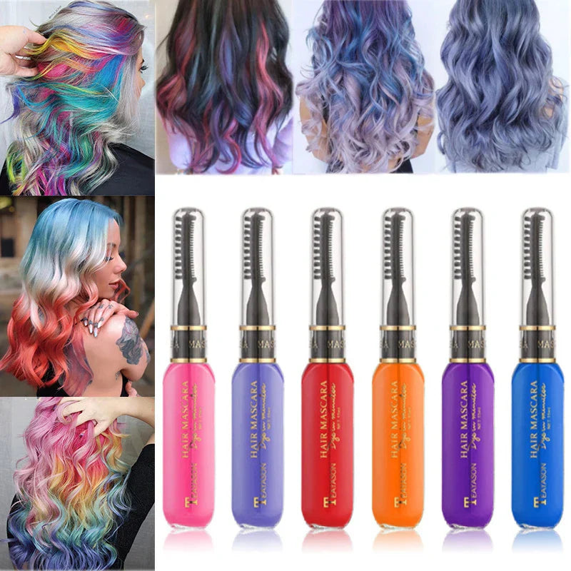 13 Colors One-Off Hair Color Mascara with vibrant rainbow hair color examples and six vivid hair mascara shades for easy, washable DIY styling