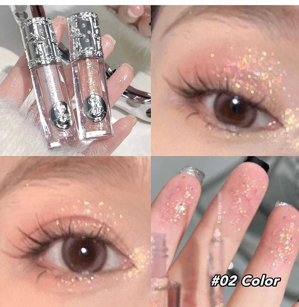 Balletism Liquid Eyeshadow with fine shimmer glitter on eyelids and fingers, showcasing delicate, radiant highlight in shade #02 color.