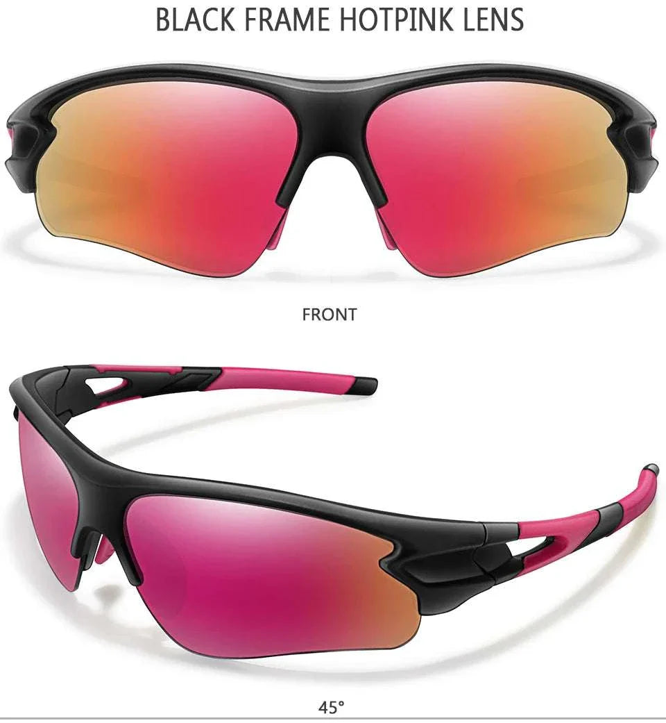 Brand Fashion unisex sports sunglasses with black frame and hot pink lenses, UV400 protection, lightweight durable design for outdoor activities.