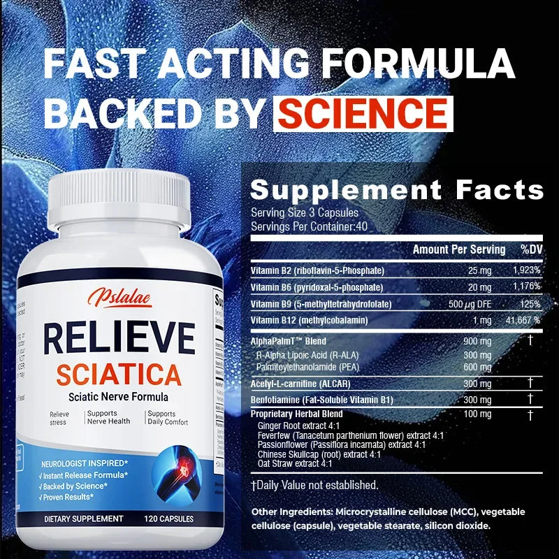 Relieve Sciatica dietary supplement bottle with nerve and joint support formula and supplement facts label.