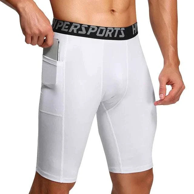 Men’s white compression shorts with side pocket and black elastic waistband for sports and gym training