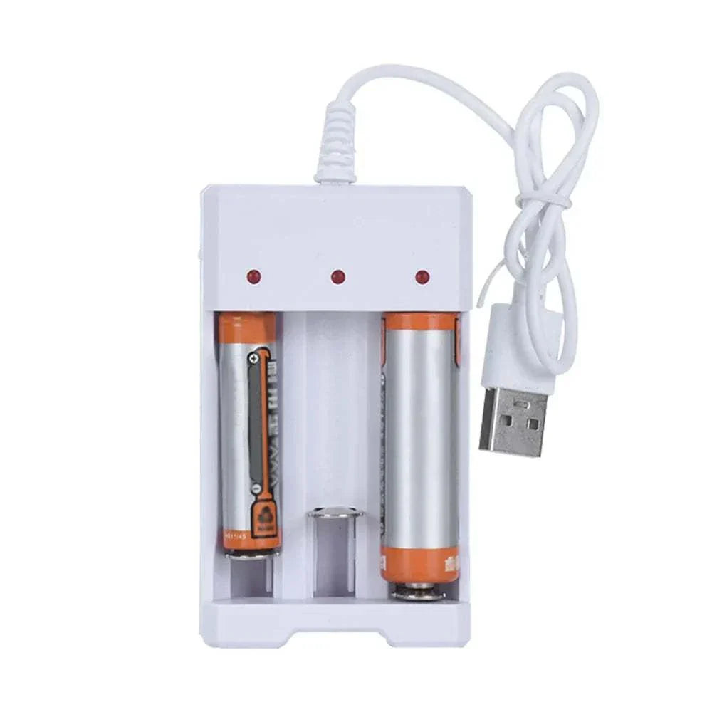 High-speed USB rechargeable battery charger with 3/4 slots for AA and AAA batteries, compact and portable design.