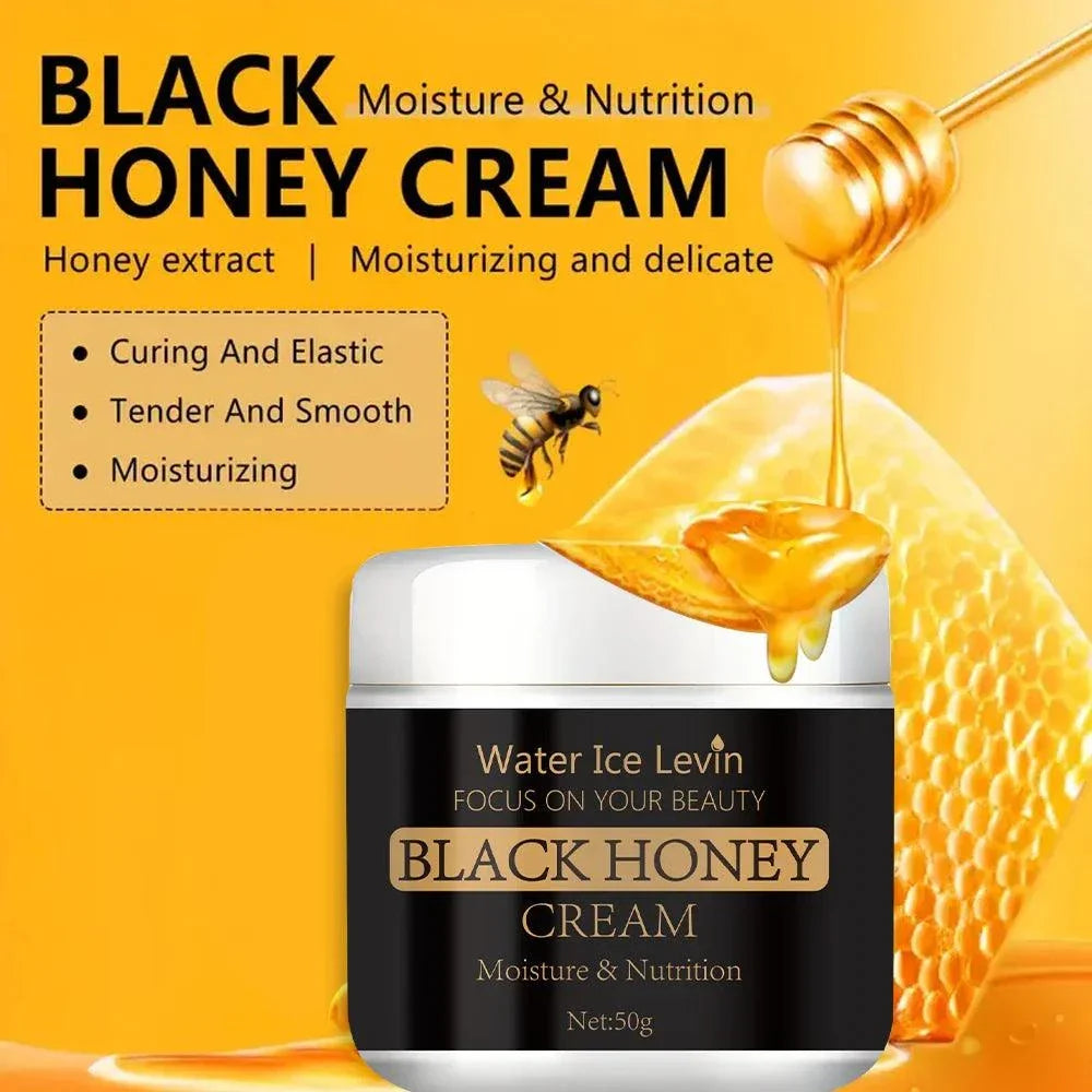 Black Honey Cream jar with honey dipper dripping honey and honeycomb background for moisturizing and skin nutrition.