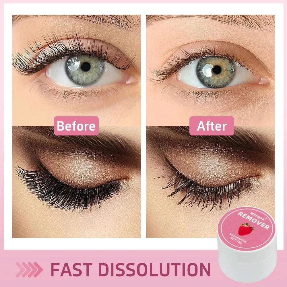 Eyelash glue remover cream showing before and after lash extension removal with fast-acting Korean formula in a compact jar