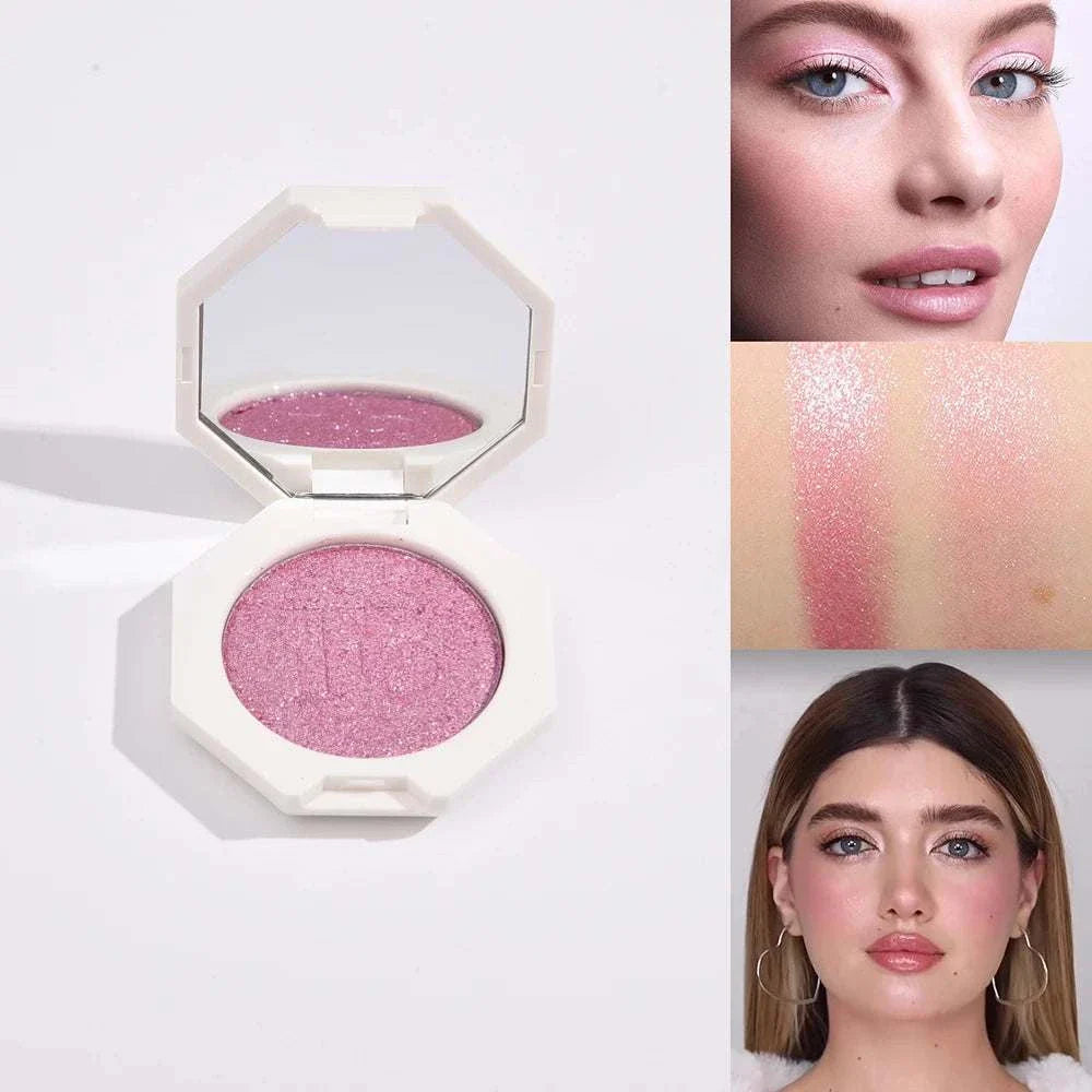 Face & Body Shimmering Highlighter Diamond Bomb 3D Pink with smooth, blendable pink shimmer for radiant glow on face and body, shown on models and skin swatch.