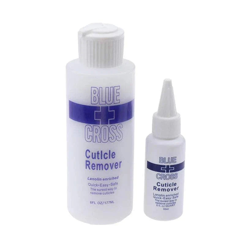 Two bottles of Blue Cross Cuticle Remover for foot care and exfoliation