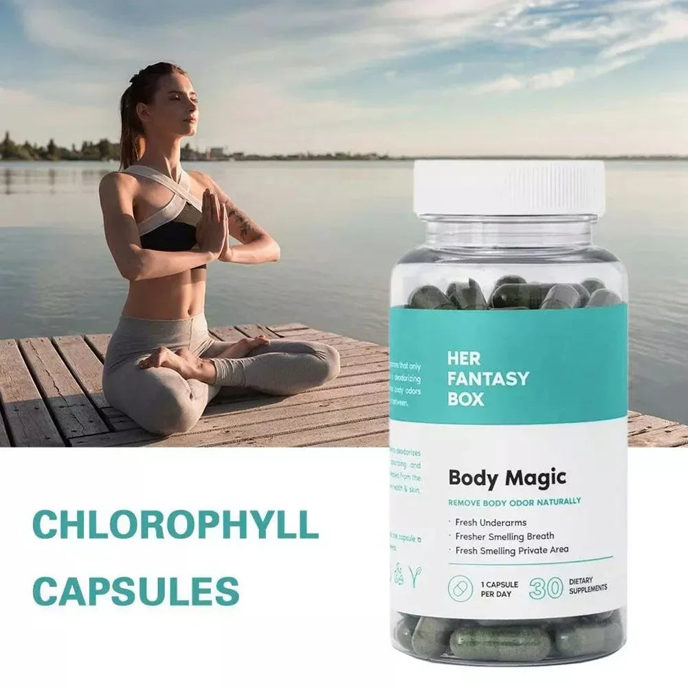 Bottle of Her Fantasy Box Body Magic chlorophyll capsules for natural body odor removal next to a woman practicing yoga by the water at sunrise