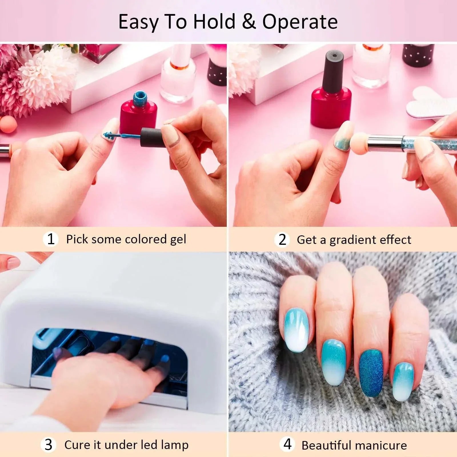 Hands using Double-Headed Sponge Nail Art Brush to create gradient nail art with colored gel and led curing lamp, showcasing finished ombre manicure.