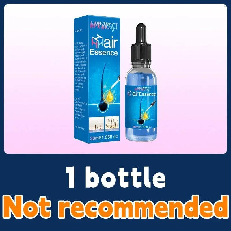 Hair Growth Treatment bottle and packaging showing hair essence with dropper, 30ml size, highlighting that one bottle is not recommended for effective results