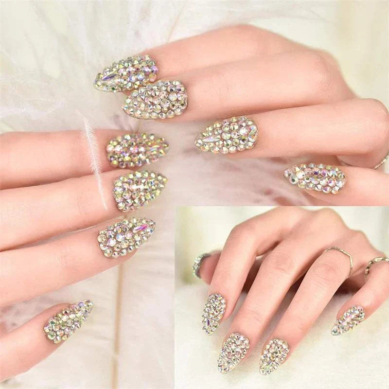 Hands with rhinestone-covered nails showcasing BORN PRETTY 10g Gel Nail Glue for secure, glossy nail art embellishments