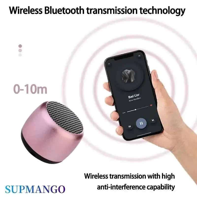 M1 Portable Bluetooth Speaker in pink with wireless Bluetooth transmission connecting to a smartphone playing music