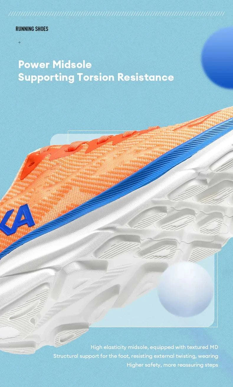 Close-up of an orange running shoe with carbon plate air cushion midsole, designed for torsion resistance and superior shock absorption