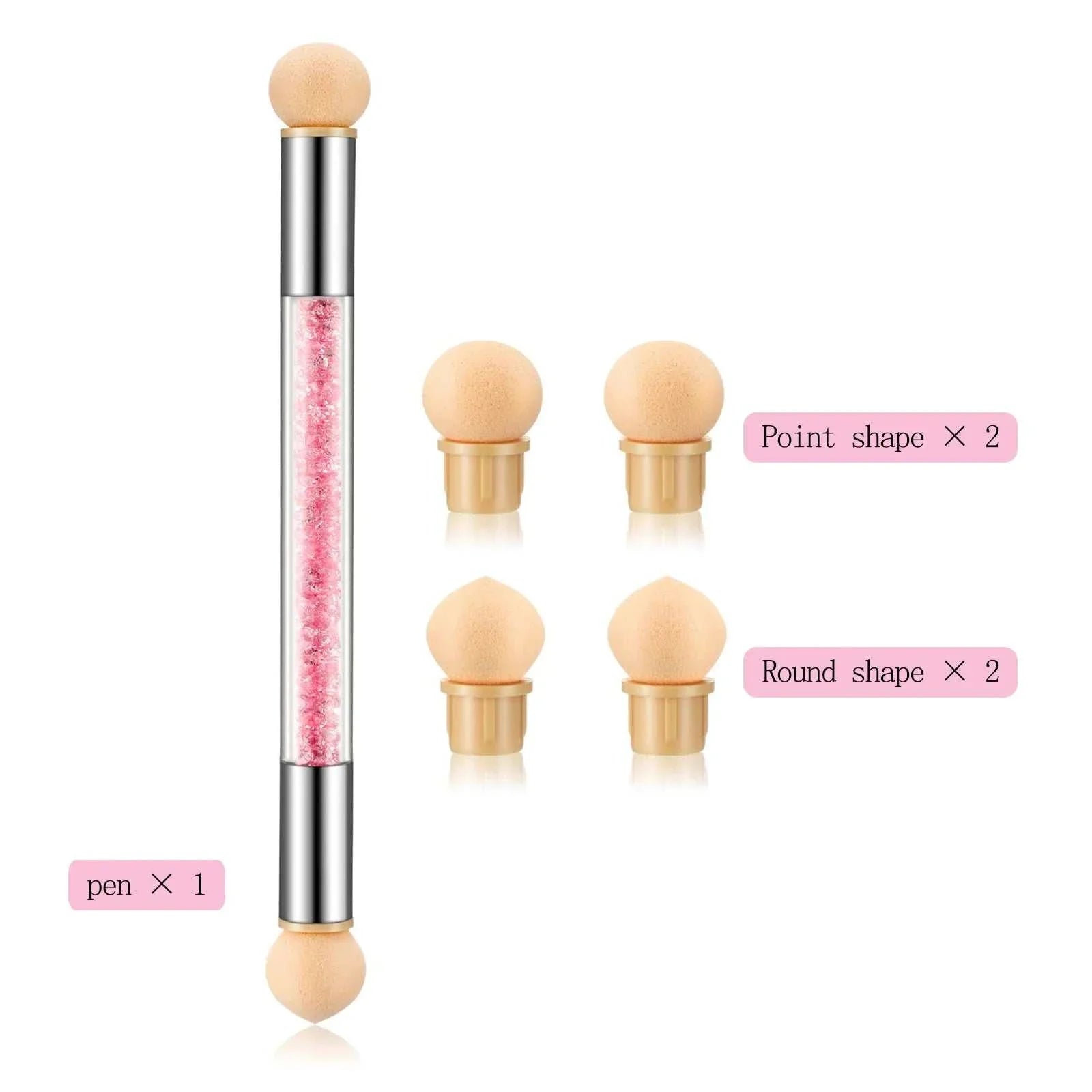 Double-headed sponge nail art brush with interchangeable point and round sponge tips for gradient and dotting designs.