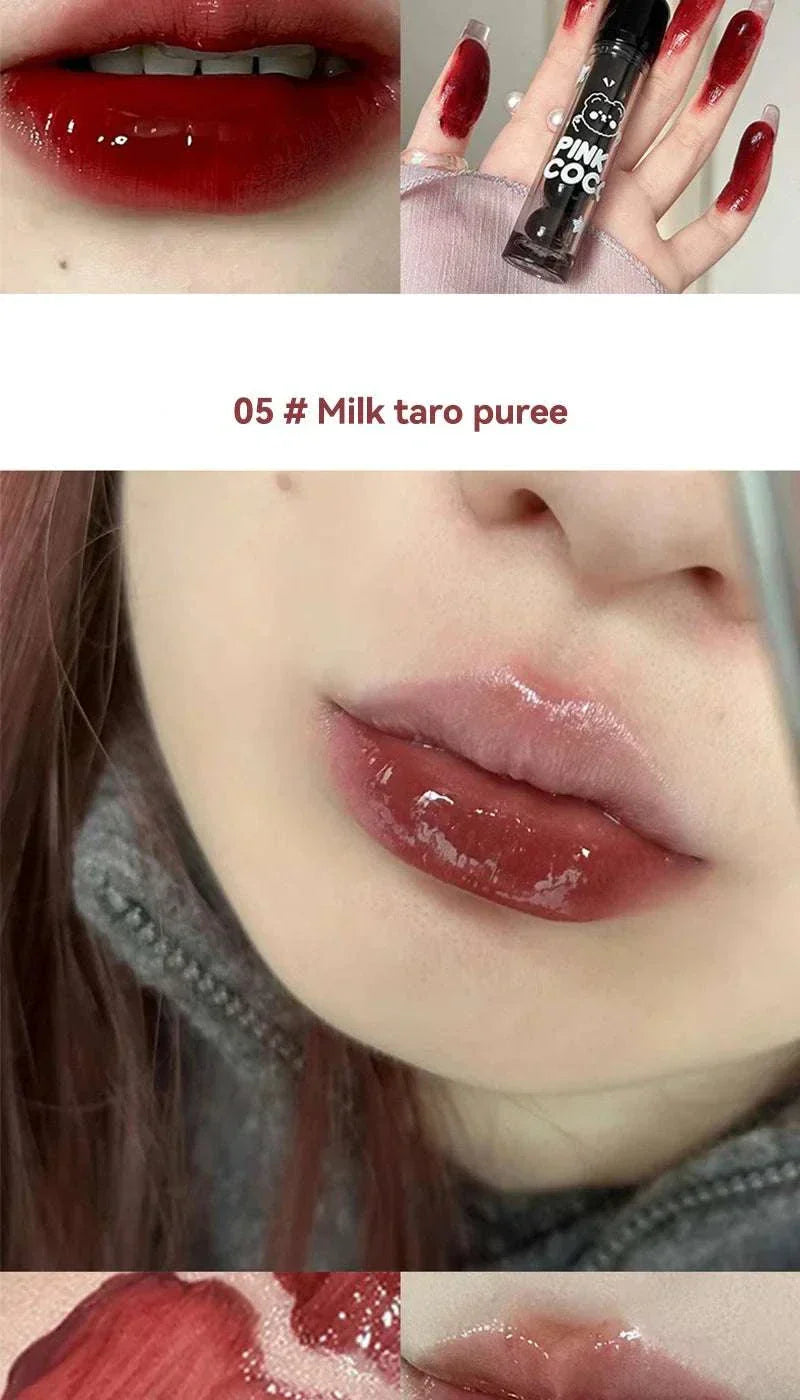 PINKCOCO Bear Doodle Mirror Lip Glaze in shade 05 Milk Taro Puree showing glossy, hydrating lip color with cute bear-themed packaging.