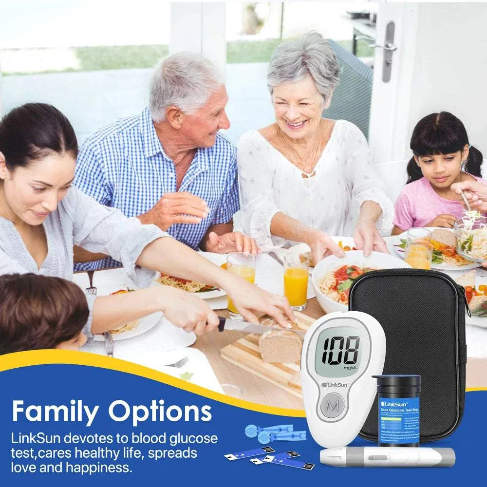 Blood Glucose Meter kit with large LCD, fast accurate readings, compact and portable for family use
