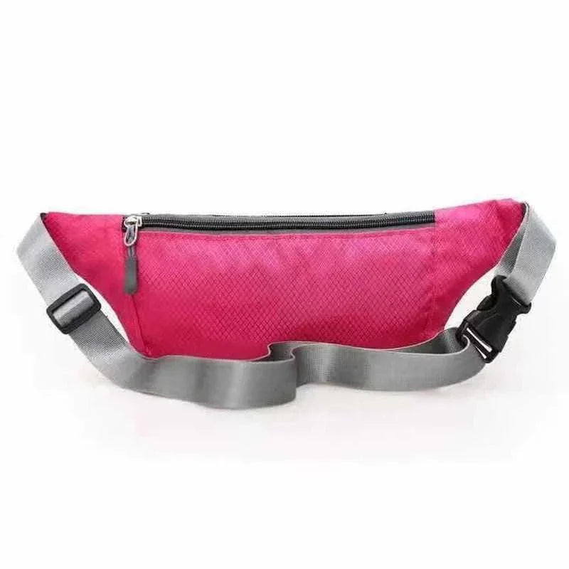 Pink nylon waist and chest bag with adjustable grey strap and zipper closure for hands-free carrying