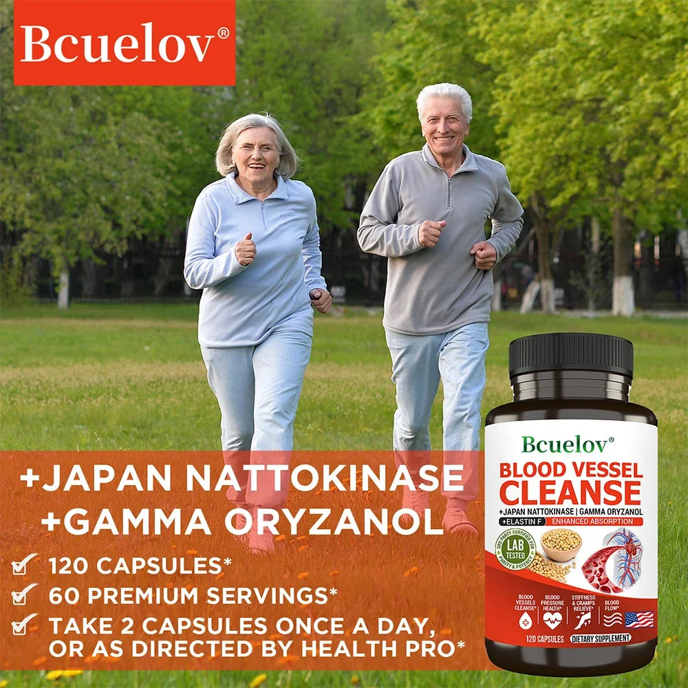 Older couple jogging in park promoting Bcuelov Vascular Cleansing Supplement with nattokinase and gamma oryzanol for blood vessel cleanse and cardiovascular health