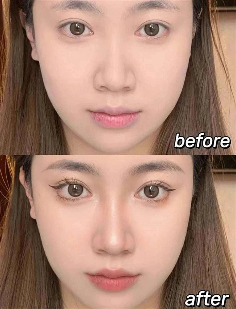 before and after makeup application using moisturizing matte concealer contour stick showing smooth, natural, and defined facial features