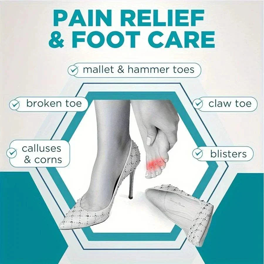 Reusable Hammer Toe Straightener for pain relief and foot care, addressing mallet, hammer, broken, claw toes, calluses, corns, and blisters.