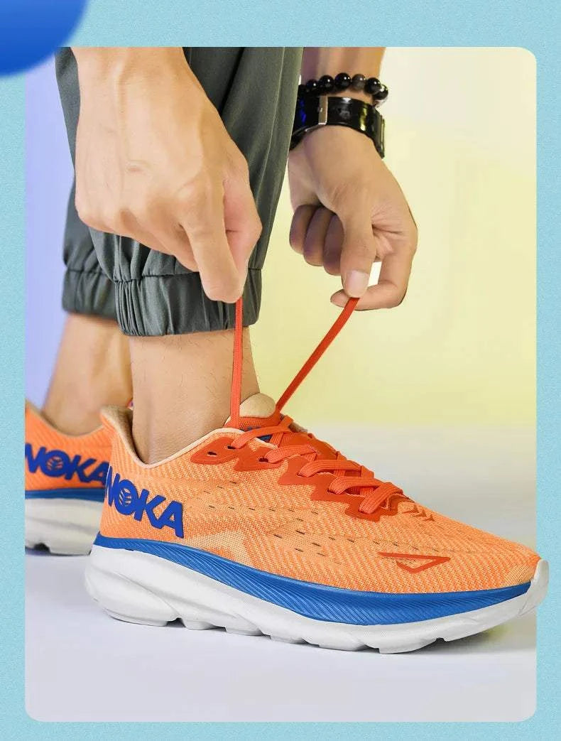 Orange Carbon Plate Air Cushion running shoes with blue accents being tied on foot