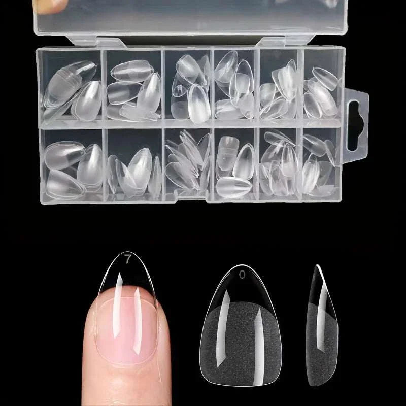 120-piece full cover press-on nail tips set with assorted stiletto, almond, square, and coffin shapes in a storage box