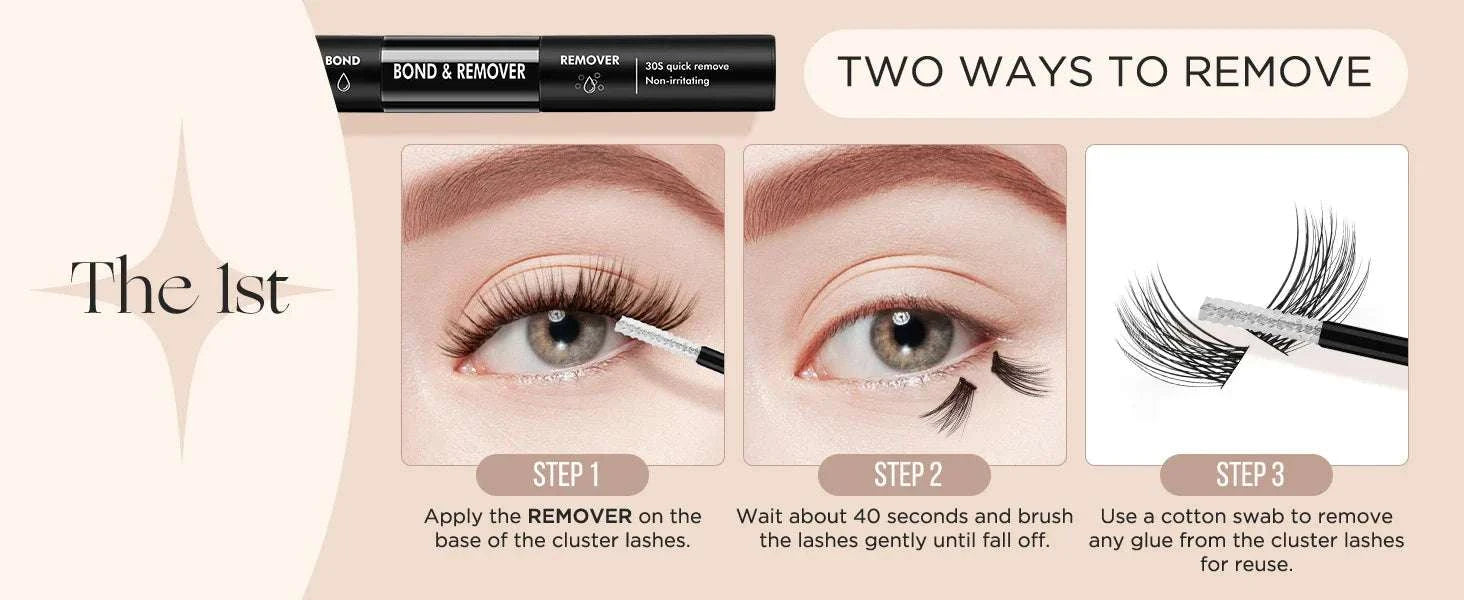 2-in-1 Bond & Seal Lash Glue with remover, demonstrating a three-step easy lash removal process on natural eyes and cluster lashes.