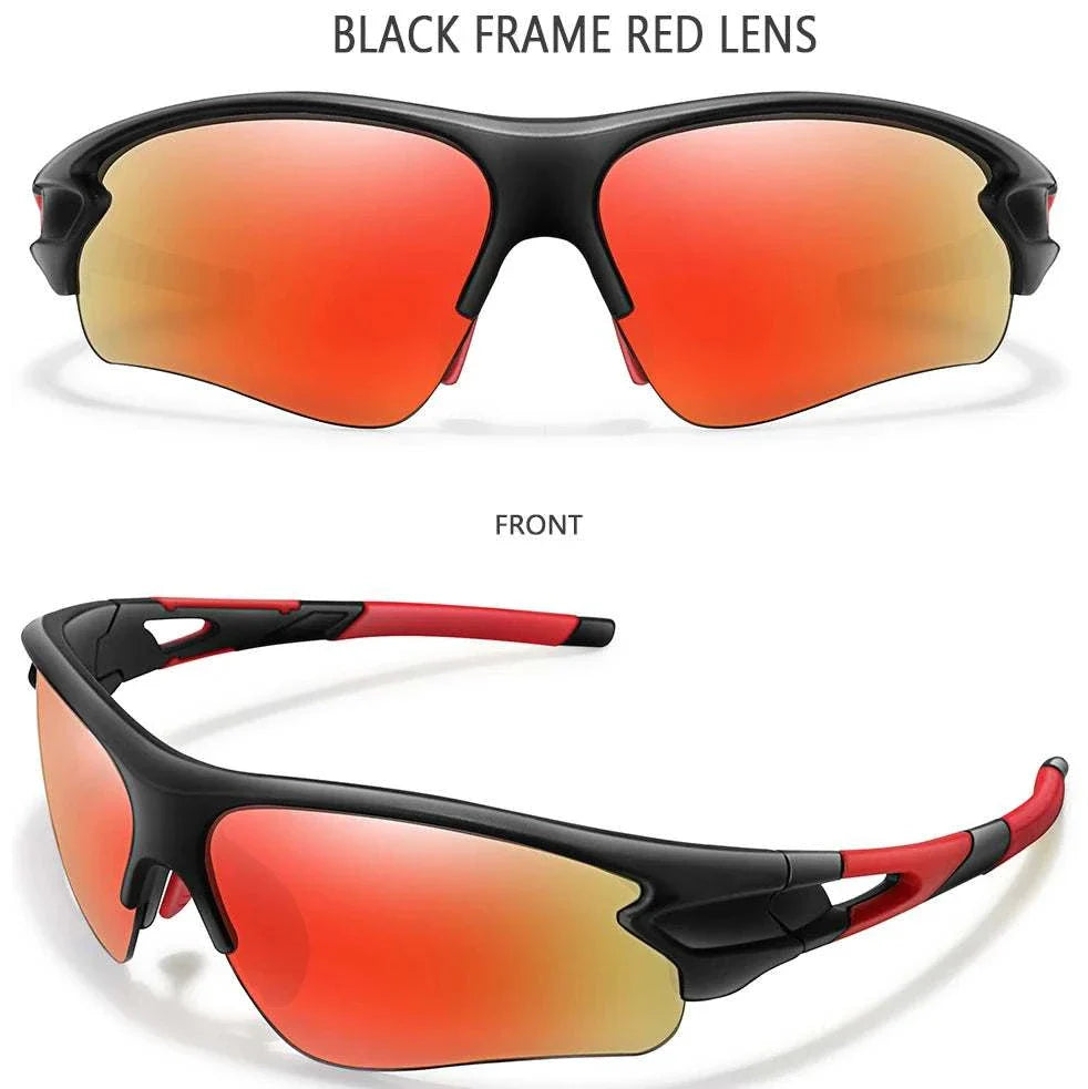 Black frame sporty unisex sunglasses with red gradient lenses for outdoor sports and UV400 protection.