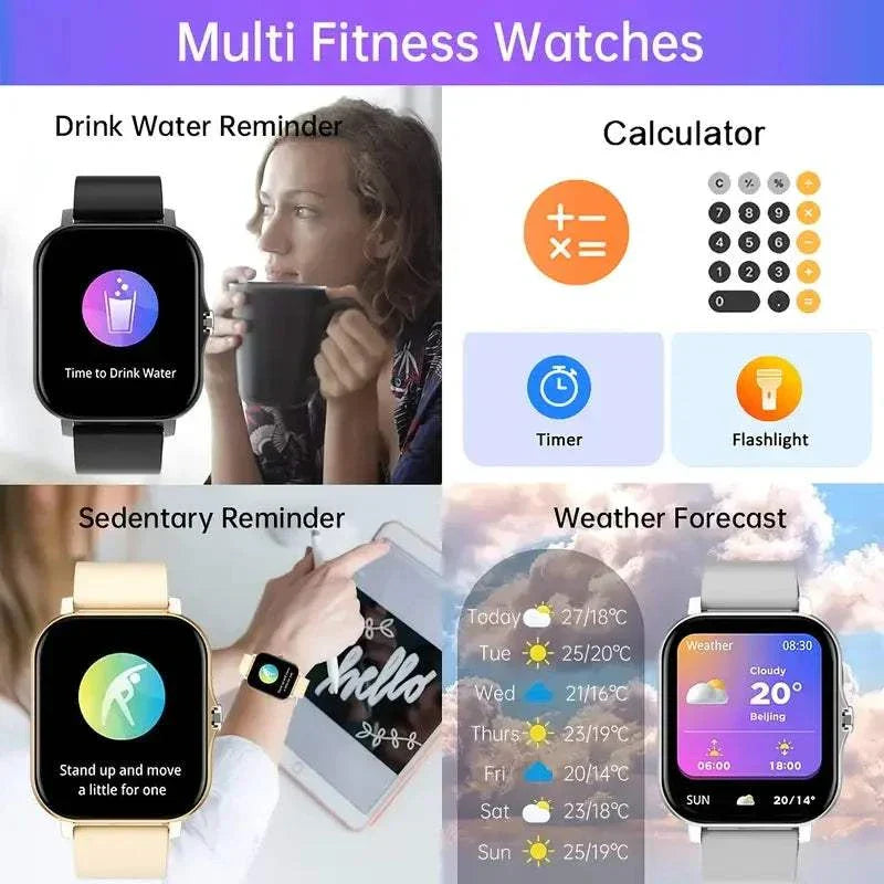 KESHUYOU 2025 Smart Watch showing drink water reminder, calculator, sedentary reminder, and weather forecast features on vibrant displays.