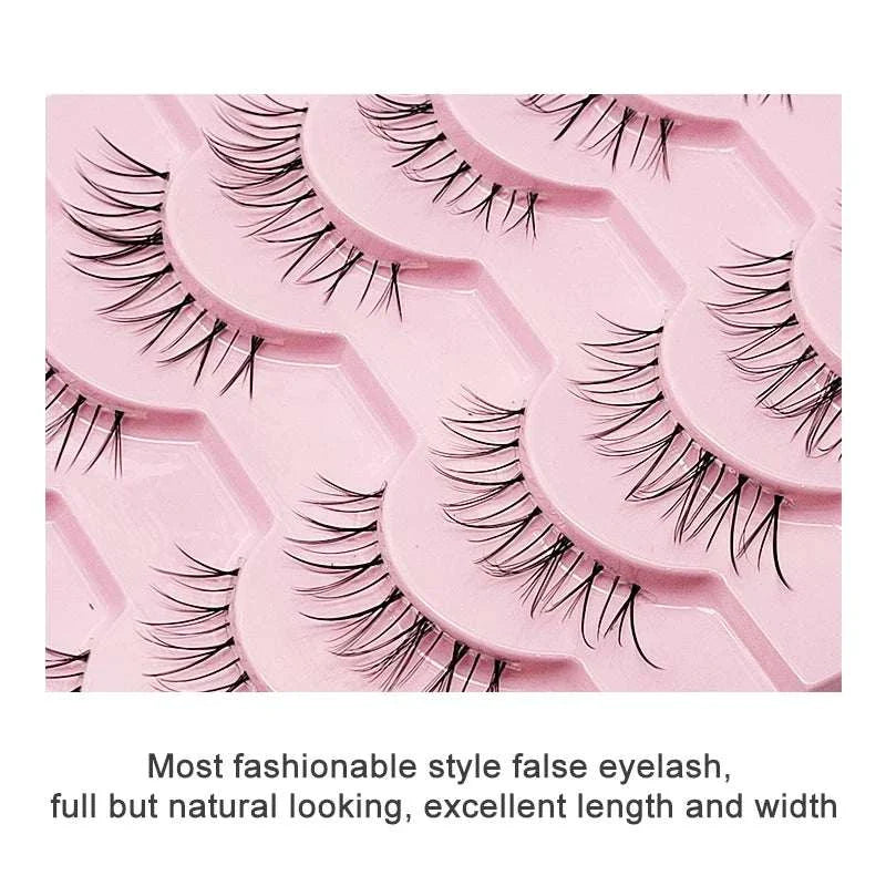 10 pairs of Natural Manga full strip lashes with natural volume, length, and anime-inspired style in pink trays