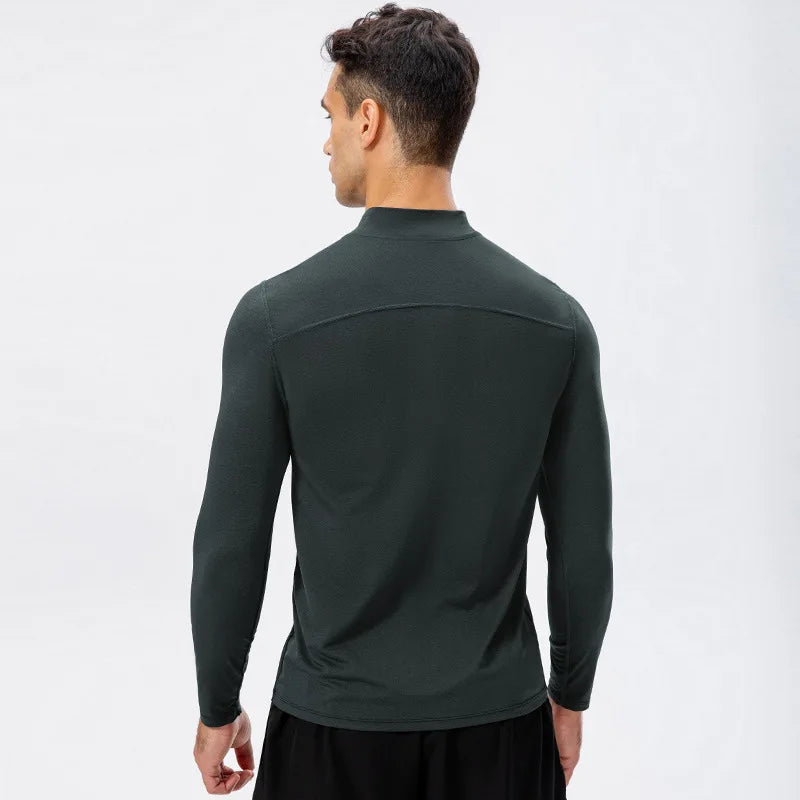 Men's Autumn Fitness long-sleeved quick-dry slim fit running top with half-zip collar shown from back