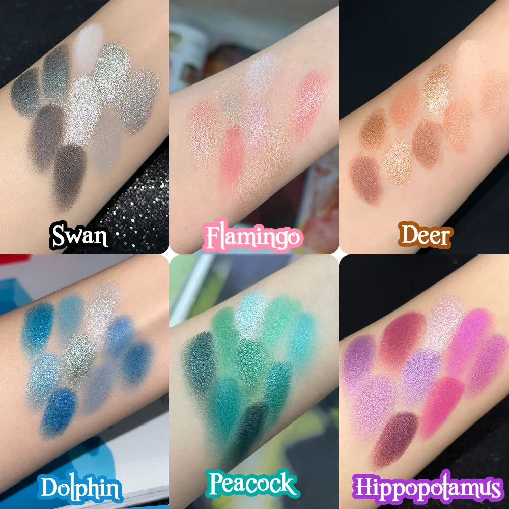 Swatches of 9-Grid Red & Purple Eyeshadow Palette showing vibrant red and purple shades with shimmer, matte, and glitter finishes