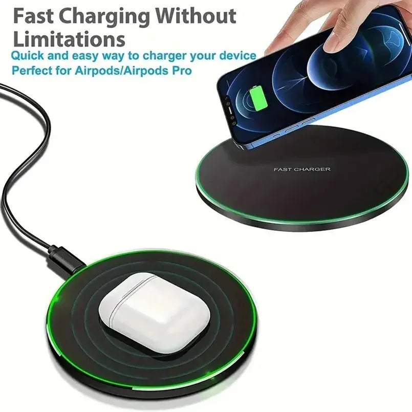 30W wireless charging pad with fast charging for phones and AirPods, sleek black design with green LED indicator