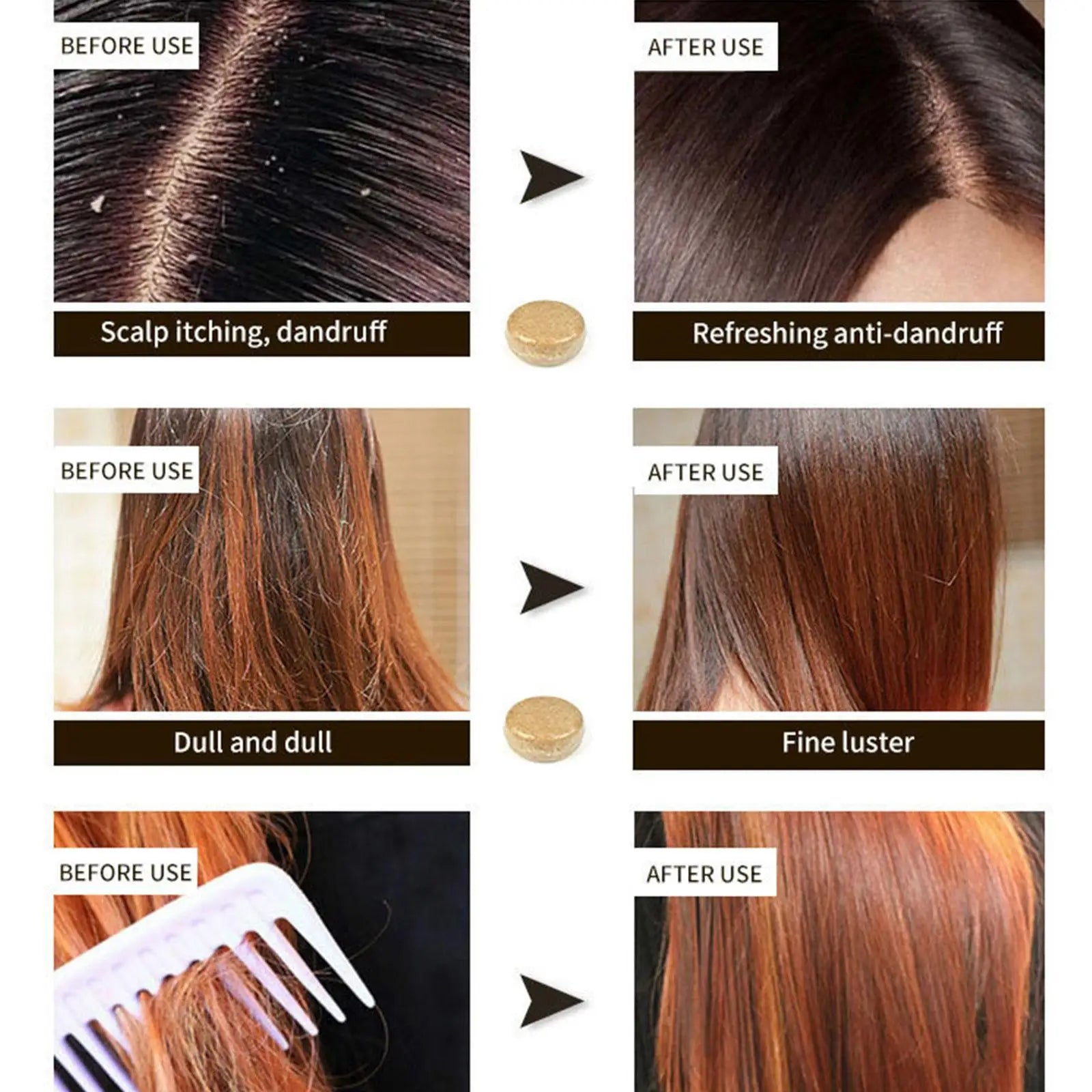 Ginger Polygonum Soap shampoo bar showing before and after hair results for dandruff, dull hair, and hair combing benefits
