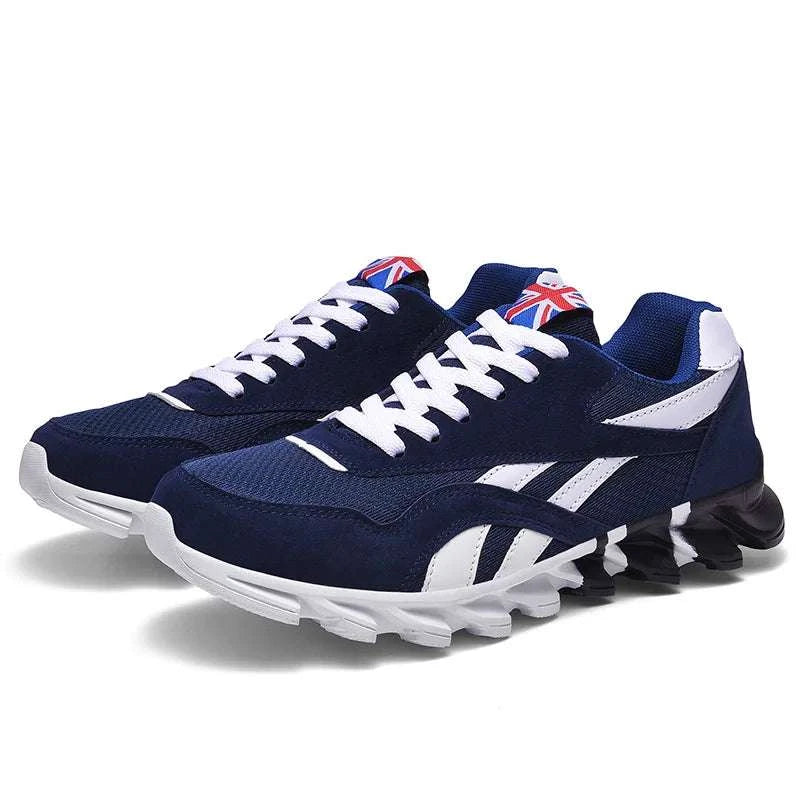 Blue and white 2025 new men's and women's running shoes with breathable mesh upper, cushioned insole, and anti-slip sole.