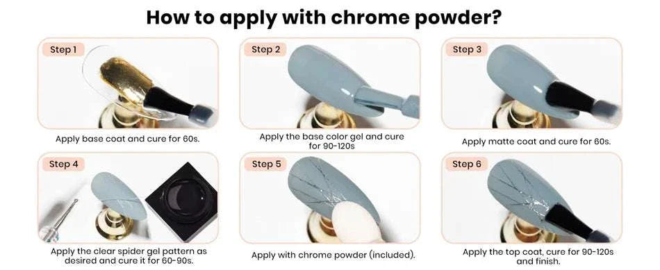 Step-by-step guide showing how to apply CHUNSHU 5ML Black & White Nail Painting Gel with chrome powder on nails.