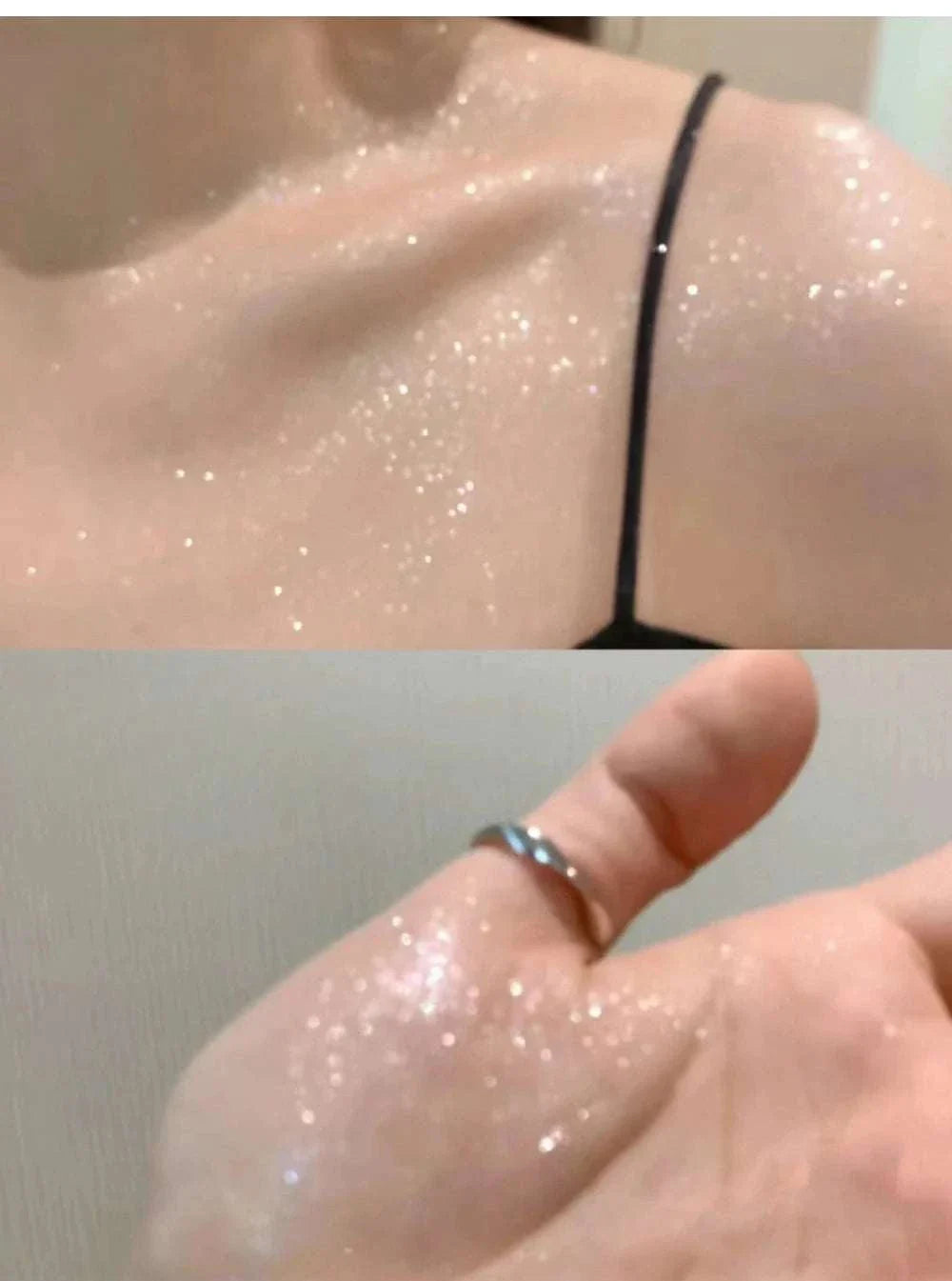 Balletism Liquid Eyeshadow with fine shimmer highlight on skin and hand showing smooth, luminous glitter glow