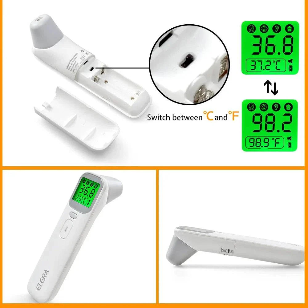 ELERA Infrared Digital Thermometer with backlit LCD display, switchable °C/°F, battery compartment, and ergonomic design for fast, hygienic temperature readings