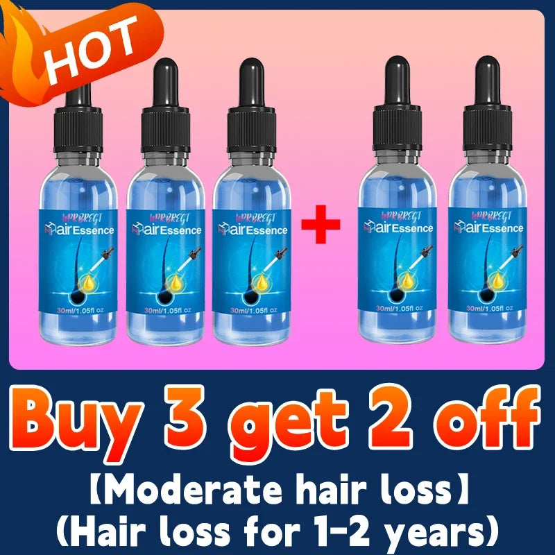 Blue Bottle Hair Growth serum bottles with dropper promoting hair growth and anti-hair loss treatment offer