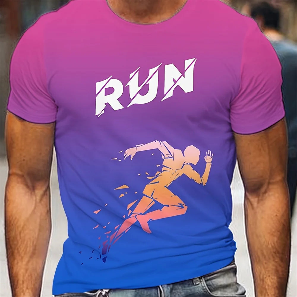 Men's running pattern print sports T-shirt with bold runner graphic in purple and blue gradient, oversized fit, lightweight breathable fabric.