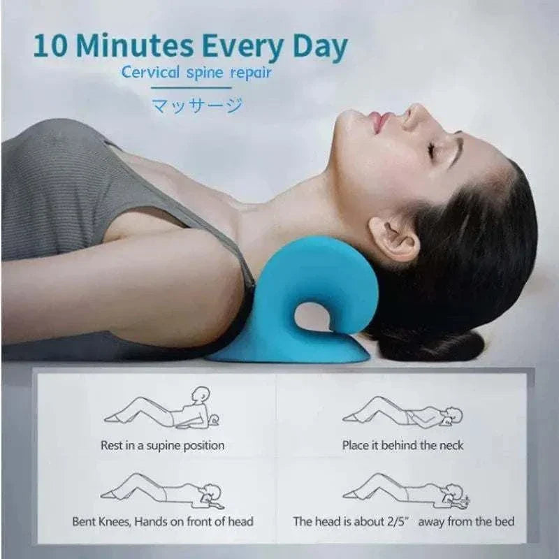 Woman using blue cervical chiropractic traction device for neck and shoulder pain relief and posture support