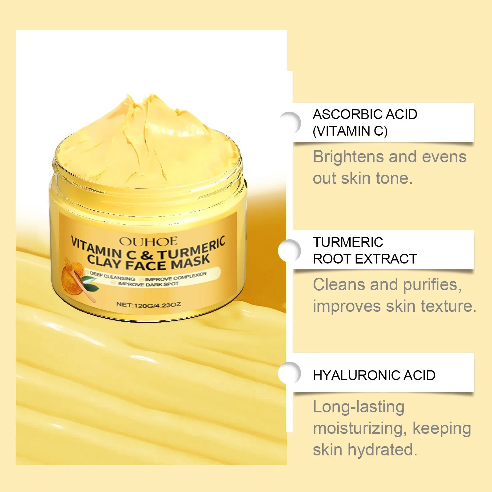 Vitamin C and Turmeric Exfoliating Facial Mask jar with creamy yellow clay and key ingredient benefits displayed