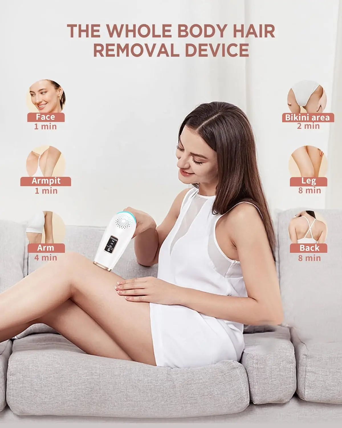 Woman using IPL hair removal laser device on leg for whole body hair removal