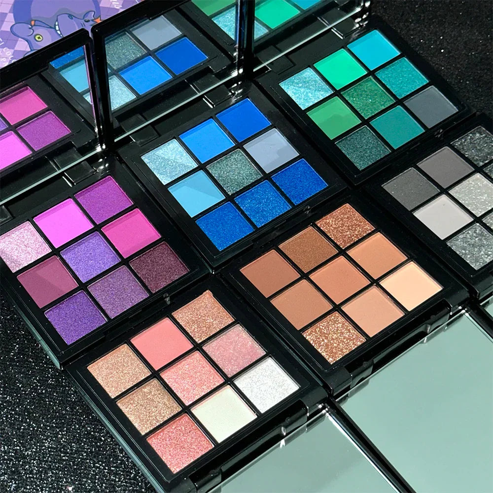 Compact eyeshadow palettes featuring vibrant 9-color grids in matte, shimmer, and glitter finishes with shades of red, purple, blue, green, and neutrals.